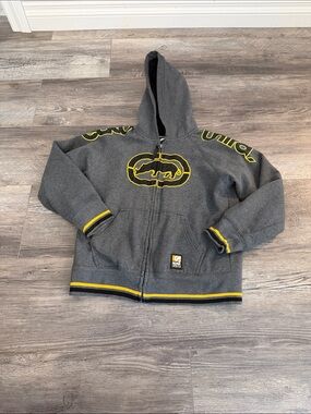 Ecko Unlimited Gray Zip-Up Hoodie with Yellow Trim‎